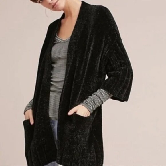 Moth Anthropologie LILY Soft Chenille Black Oversized Knit Cardigan Sweater XS - Picture 3 of 5